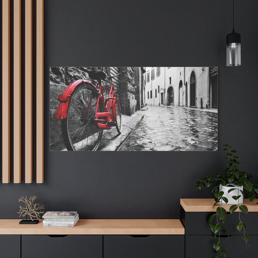 Urban Bicycle Canvas Wall Art - Red Bike on Cobblestone Street